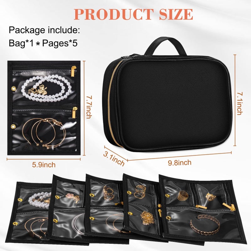 KPWEPK Travel Jewelry Organizer Case for Women, Large Jewelry Travel Case with 5 Zipper Pouches, Portable Jewelry Organizer for Necklaces Earrings Rings Bracelets, Travel Jewelry Storage Bag (Black) - Image 2