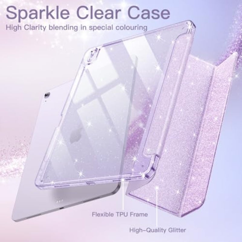 غطاء حماية لامع لجهاز iPad Air 11 M4/M3/M2 iPad Air 5/4: تصميم لامع، ظهر شفاف، حامل قلم رصاص، صديق للأطفال والفتيات، مادة TPU متينة، لون ذهبي وردي - Image 3