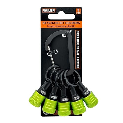 Railer Bit Holder Keychain 5pc - 1/4 inch Hex Shank Bit Holders - Quick Release Bit Holder For Nut Driver, Screwdriver & Drill Bits w/Key Chain Carabiner - Image 1