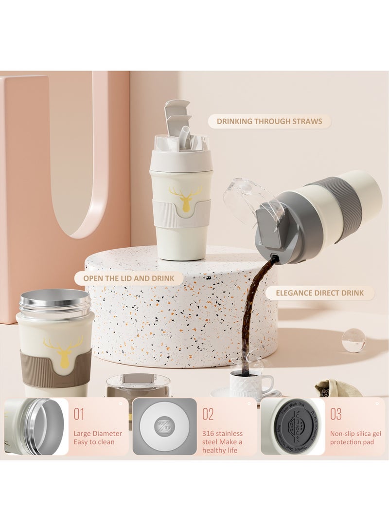 ZERIFAM Travel Coffee Mug, 450ml Double Wall Vacuum Insulated Coffee Mug, Stainless Steel Reusable Coffee Tumbler with Sliding Lid and Straw, for Hot and Cold Water Coffee and Tea(Brown)  - Image 4