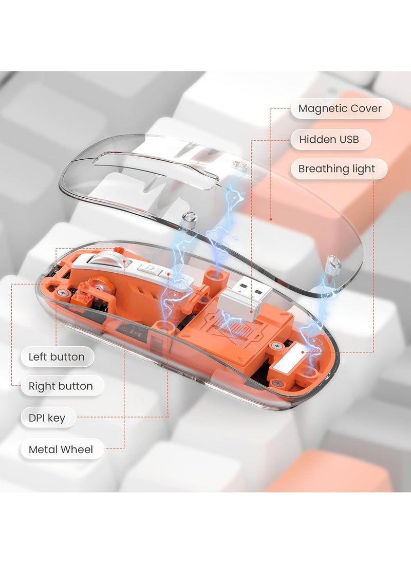XVersion - Wireless Mouse Rechargeable Crystal Transparent, Gaming Mice Adjustable DPI, Triple 2.4G Mode Switching Bluetooth 2, Silent Mouse for PC Laptops Mac iPhone Android - Orange - Image 1