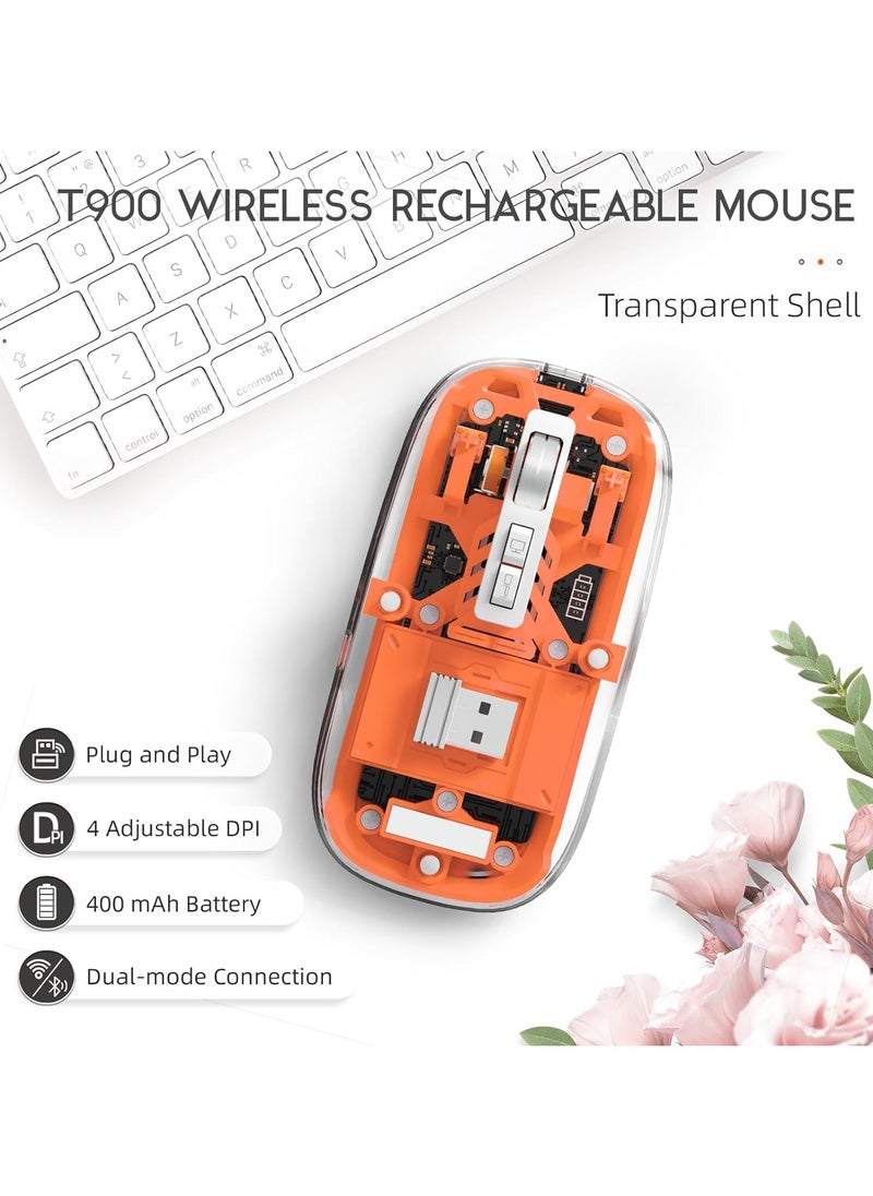 XVersion - Wireless Mouse Rechargeable Crystal Transparent, Gaming Mice Adjustable DPI, Triple 2.4G Mode Switching Bluetooth 2, Silent Mouse for PC Laptops Mac iPhone Android - Orange - Image 1