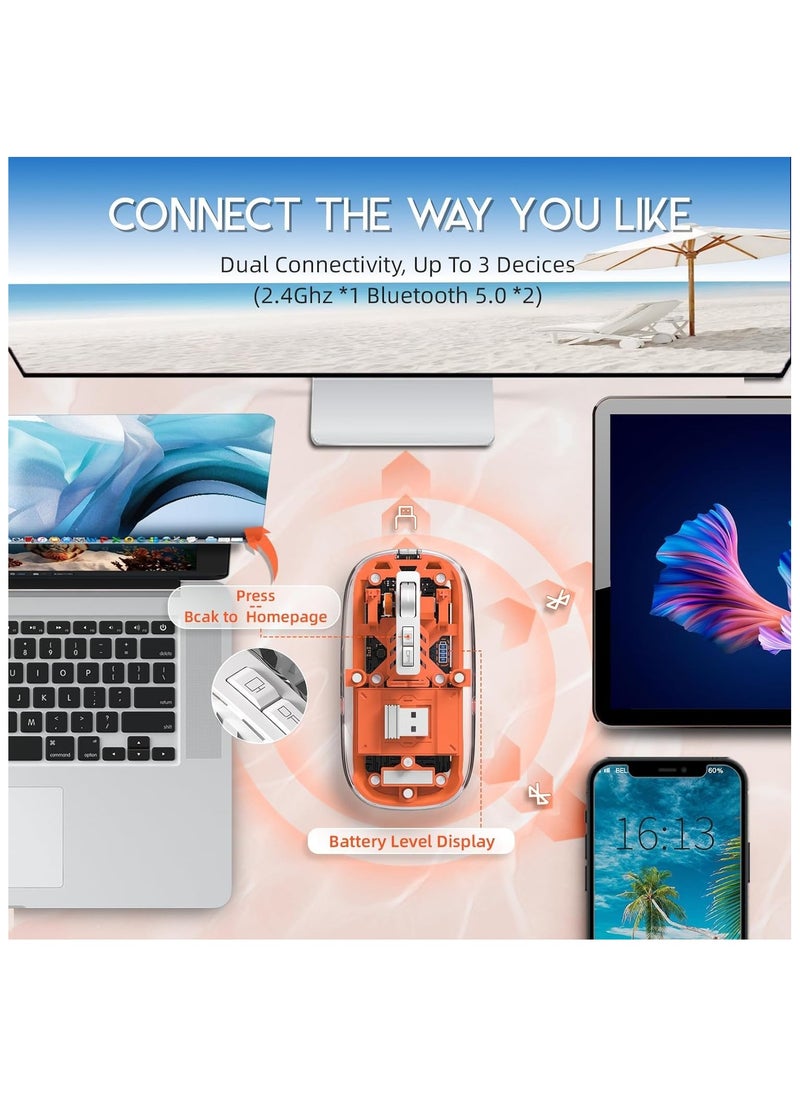 XVersion - Wireless Mouse Rechargeable Crystal Transparent, Gaming Mice Adjustable DPI, Triple 2.4G Mode Switching Bluetooth 2, Silent Mouse for PC Laptops Mac iPhone Android - Orange - Image 1