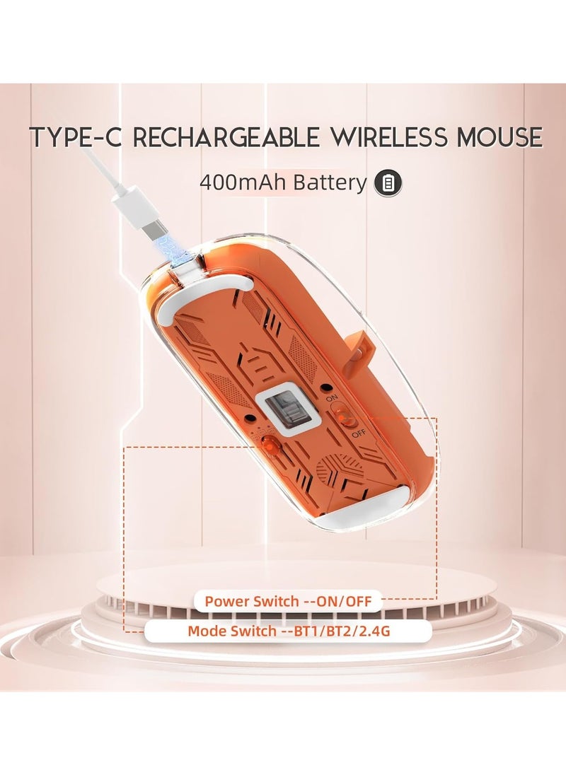XVersion Wireless Mouse Rechargeable Crystal Transparent, Gaming Mice Adjustable DPI, Triple 2.4G Mode Switching Bluetooth 2, Silent Mouse for PC Laptops Mac iPhone Android - Orange  - Image 3