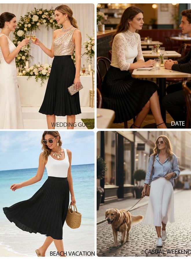 GRACE KARIN Womens Elastic High Waisted A Line Pleated Shirring Midi Long Skirt Black L - Image 2