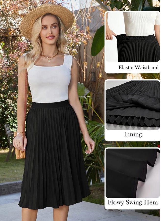 GRACE KARIN Womens Elastic High Waisted A Line Pleated Shirring Midi Long Skirt Black L - Image 4