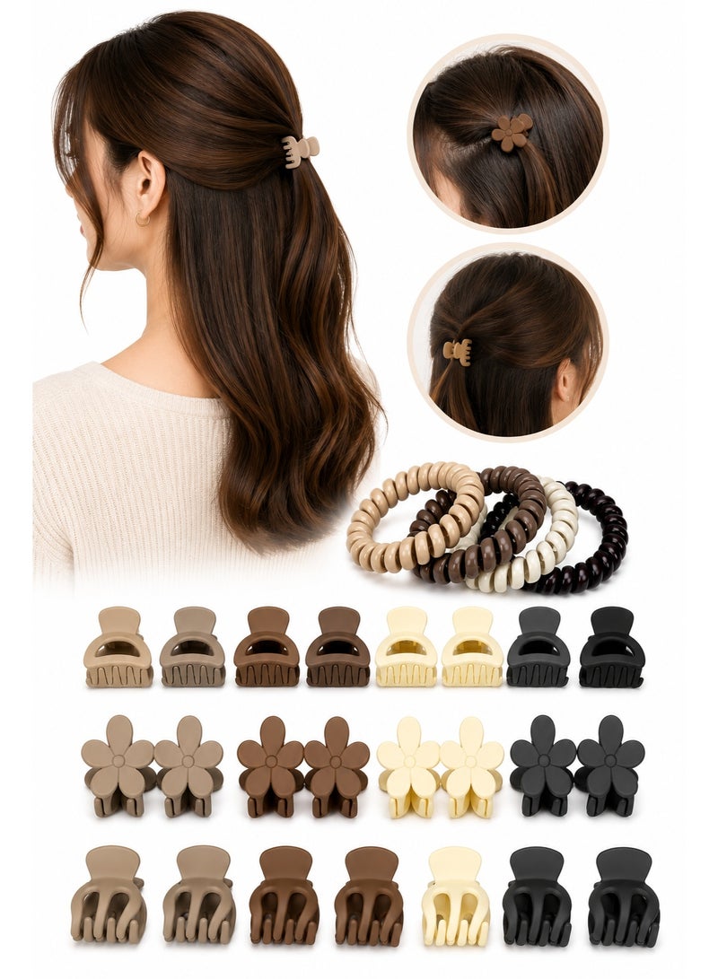 JAGRAVO 28 PCS Mini Hair Accessories Set Matte Claw Clips, Flower Hair Clips & Spiral Hair Ties Neutral Colors - Image 1