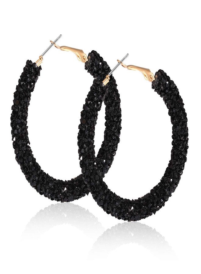 NLCAC Glitter Hoop Earrings Bohemian Sparkle Resin Rhinestone Wrapped Hoop Dangle Earrings for Women(B-black) - Image 1