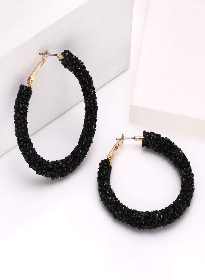 NLCAC Glitter Hoop Earrings Bohemian Sparkle Resin Rhinestone Wrapped Hoop Dangle Earrings for Women(B-black) - Image 3