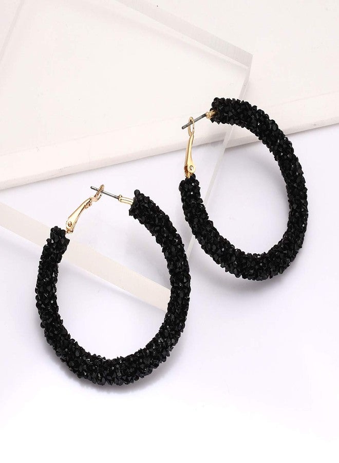 NLCAC Glitter Hoop Earrings Bohemian Sparkle Resin Rhinestone Wrapped Hoop Dangle Earrings for Women(B-black) - Image 5
