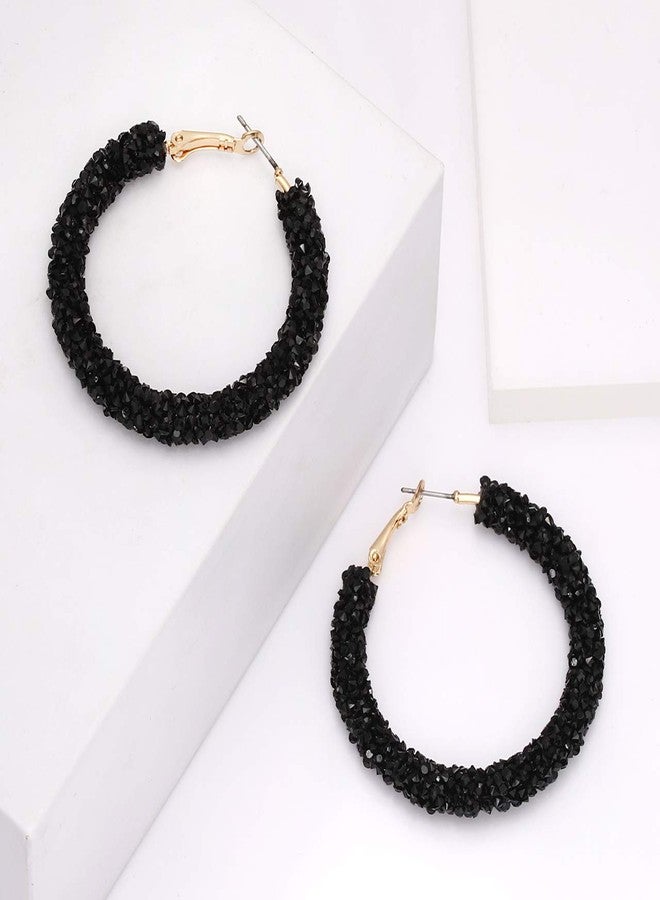 NLCAC Glitter Hoop Earrings Bohemian Sparkle Resin Rhinestone Wrapped Hoop Dangle Earrings for Women(B-black) - Image 4