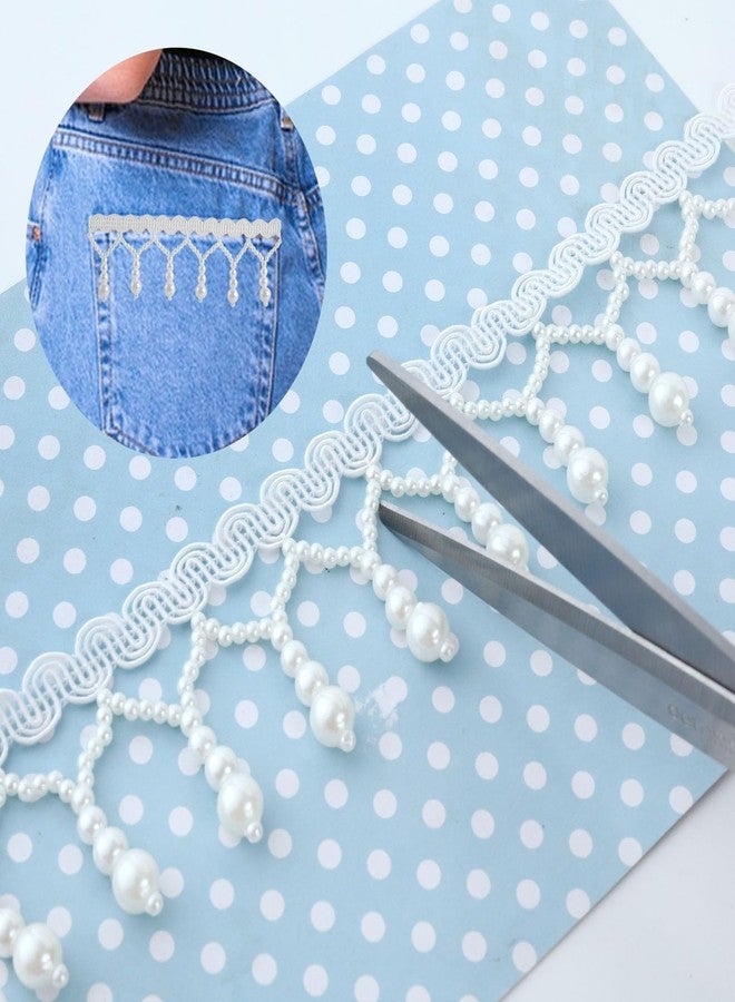 HLTOO 2 Yards Pearl Bead Ribbon Trim, Beaded Fringe Tassle Lace Trim, for Sewing Clothing, Curtains, Wedding Decoration, Bridal Dress, Belt, Headwear, White - Image 4