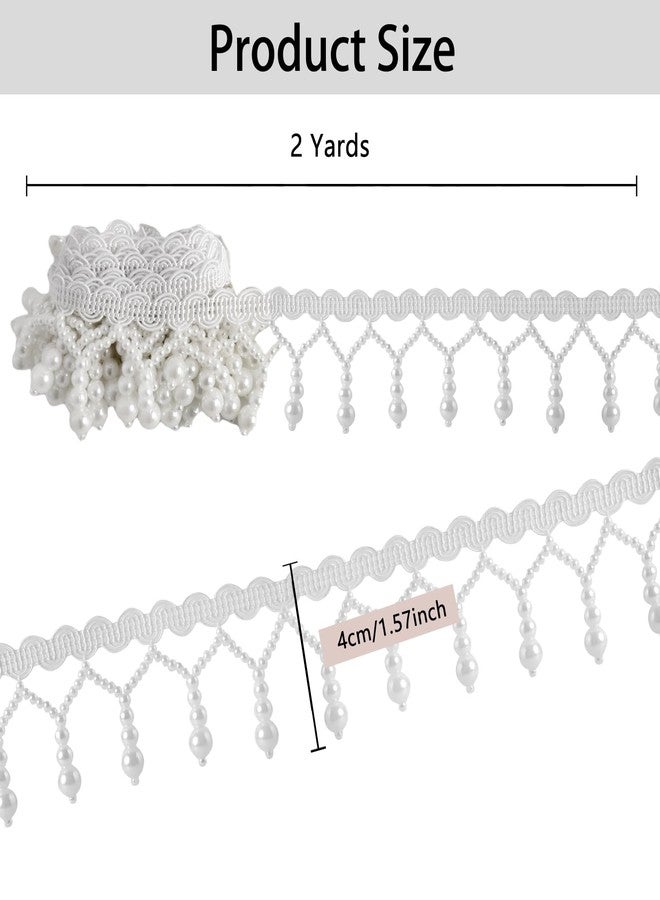 HLTOO 2 Yards Pearl Bead Ribbon Trim, Beaded Fringe Tassle Lace Trim, for Sewing Clothing, Curtains, Wedding Decoration, Bridal Dress, Belt, Headwear, White - Image 2