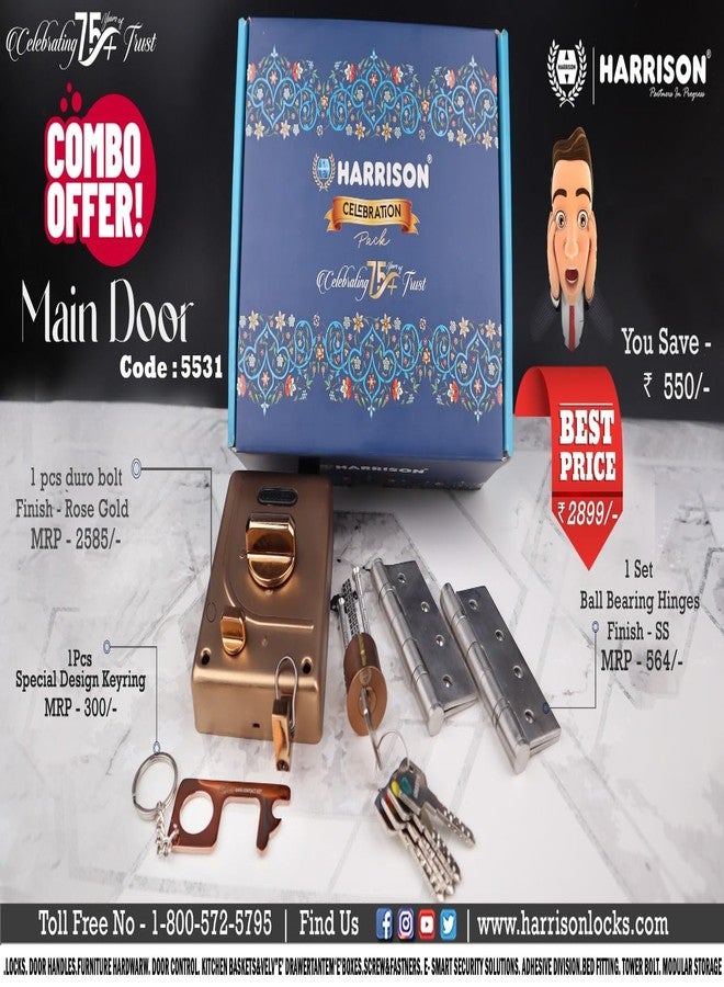 Harrison Main Door Lock Hinge Free/ 1 Duro Bolt 5530 Rose Gold Finish 5 Computerised Key with 2 Hinge 0971 SS Finish and Key Ring/Mild Steel Material/Door Lock, Rim Lock, Dead Bolt Lock - Image 5