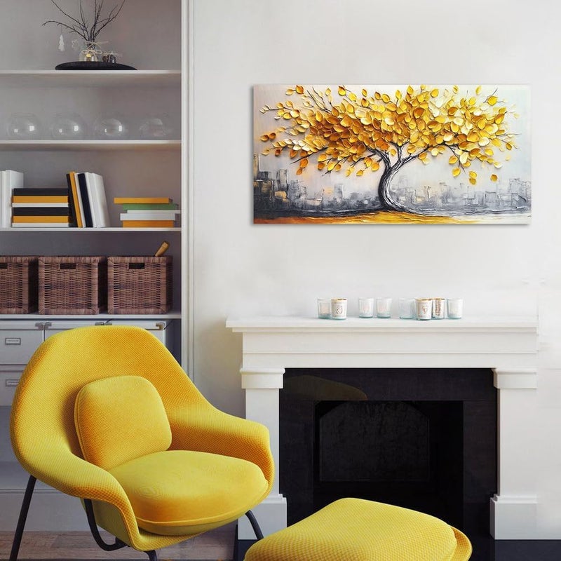 ARS Gold Tree Canvas Wall Art: Size-100x150cm Large Yellow and Gray Tree Pictures for Wall Decor Nature Painting for Bedroom Living Room Office Home Decorations Framed and Ready to Hang - Image 2