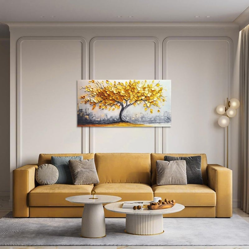 ARS Gold Tree Canvas Wall Art: Size-100x150cm Large Yellow and Gray Tree Pictures for Wall Decor Nature Painting for Bedroom Living Room Office Home Decorations Framed and Ready to Hang - Image 3