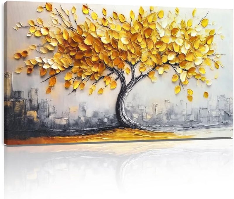 ARS Gold Tree Canvas Wall Art: Size-100x150cm Large Yellow and Gray Tree Pictures for Wall Decor Nature Painting for Bedroom Living Room Office Home Decorations Framed and Ready to Hang - Image 1