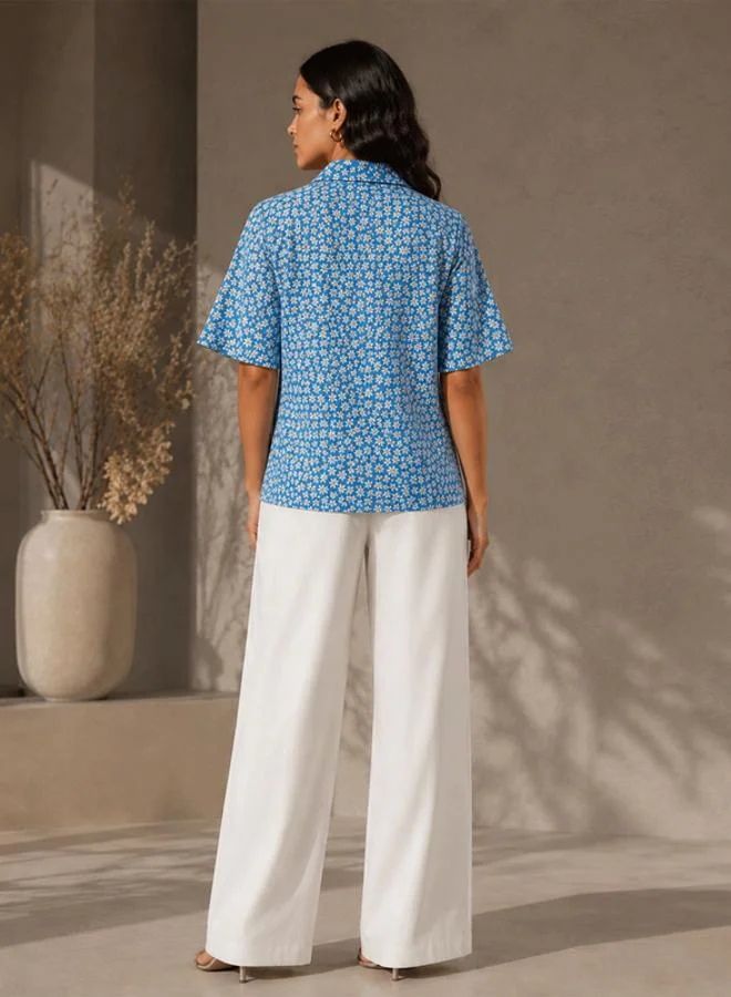 Mish  Blue Floral Print Top With Ruffle Detail for Women | Best Price UAE