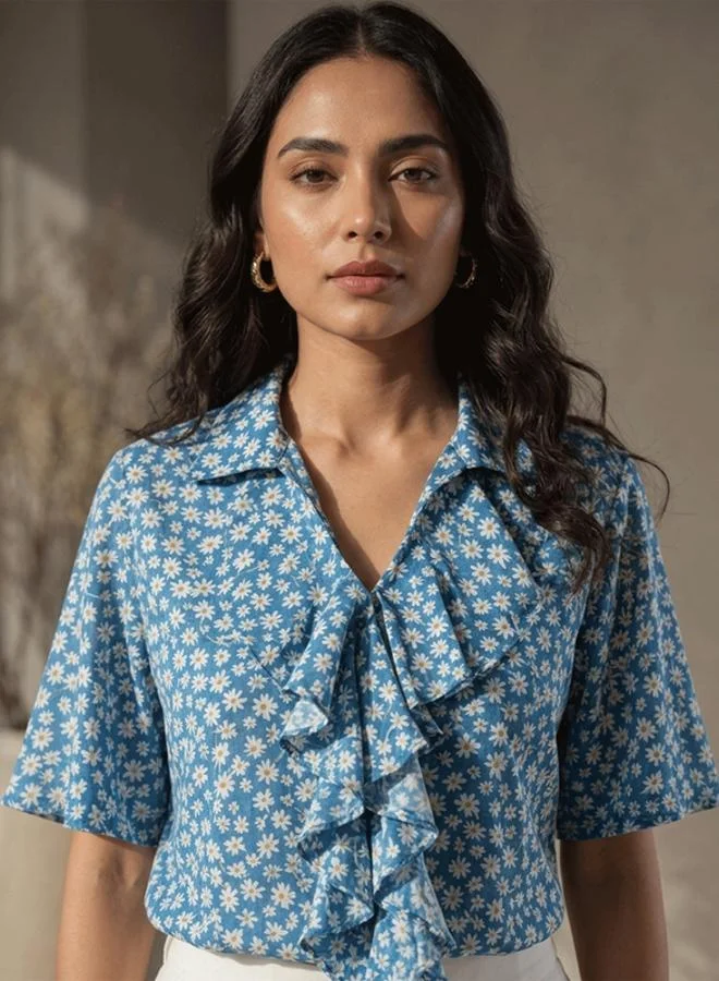 Mish  Blue Floral Print Top With Ruffle Detail for Women | Best Price UAE