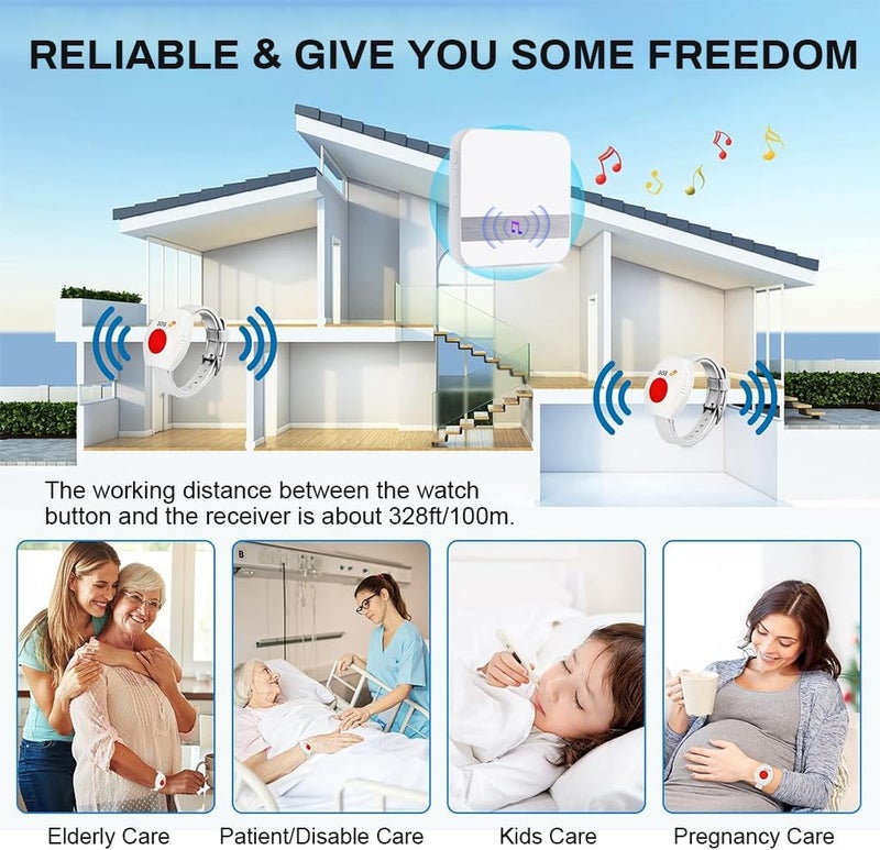 SUPVOX ® Pager Wireless Life Alert Systems for Seniors 80 M, (2 Call Buttons + 1 Receiver) Portable Pager Devices Wireless Caregiver 52 Ringtones, Home Travel Panic Buttons with Wrist Band - Image 4