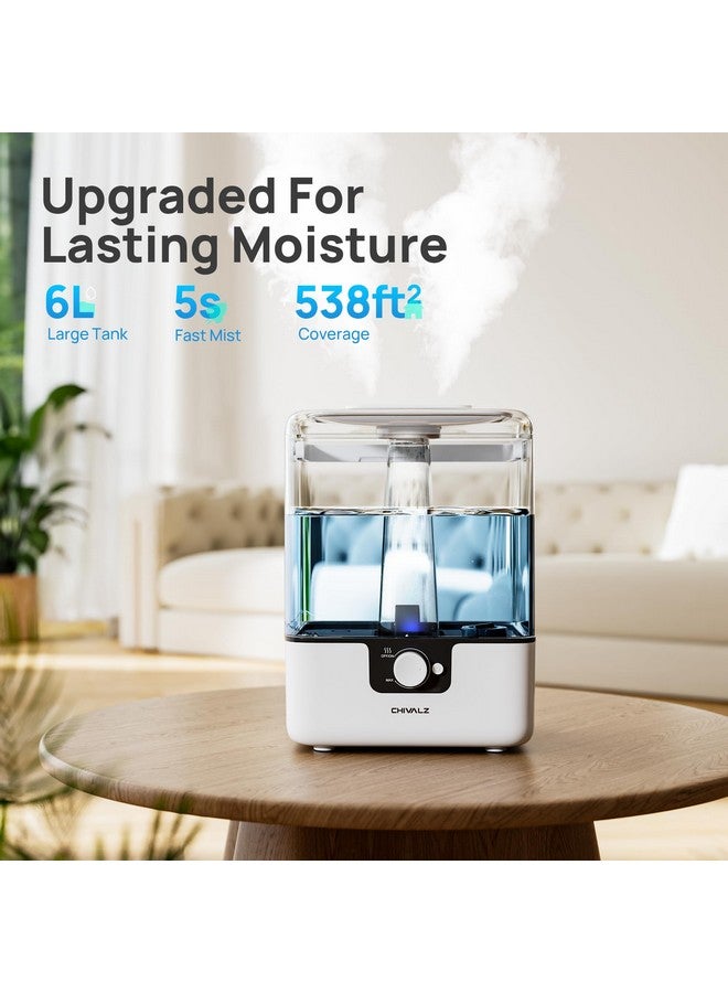 CHIVALZ 6L Humidifiers for Bedroom Large Room Home, CHIVALZ Cool Mist Top Fill Humidifiers for Baby Nursery and Plants, 26dB Quiet, Nightlight, Up to 50 Hours, Oil Diffuser 1 Pack + 2 Mist Outlets White  - Image 2