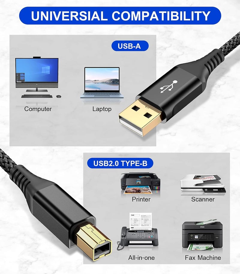 sweguard Printer Cable 2M, USB-A to USB-B Cable, High Speed Nylon Braided Scanner Printer Cord for HP Canon Dell Epson Brother Lexmark Xerox Samsung Piano DAC & More-Black - Image 5