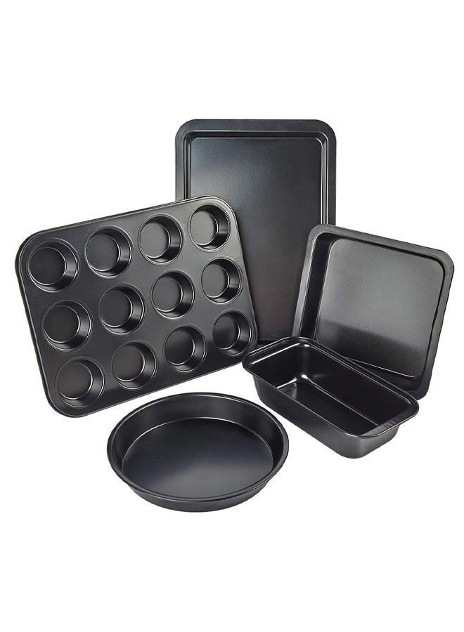 5 PackBaking Pans Set, Nonstick Bakeware Set with Round/Square Cake Pan, Loaf Pan, Cookie Sheet and 12 Cups Muffin Pan, Kitchen Cookware Pan Baking Sheet Set for Oven Baking Supplies（Black） - Image 1