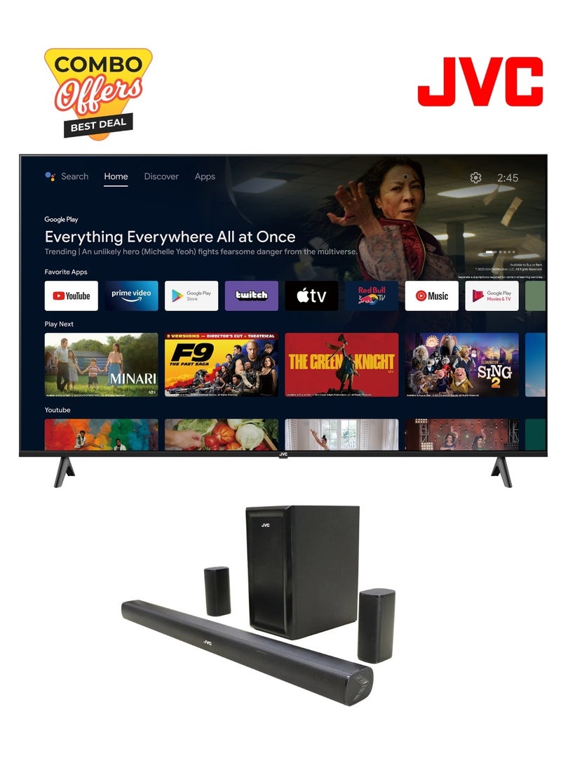 JVC 75 Inch Edgeless QLED 4K Google TV and 5.1ch Soundbar With Wireless Subwoofer 3600W PMPO Home Theater Speaker LT-75NQ7115 + TH-N430B Black - Image 1