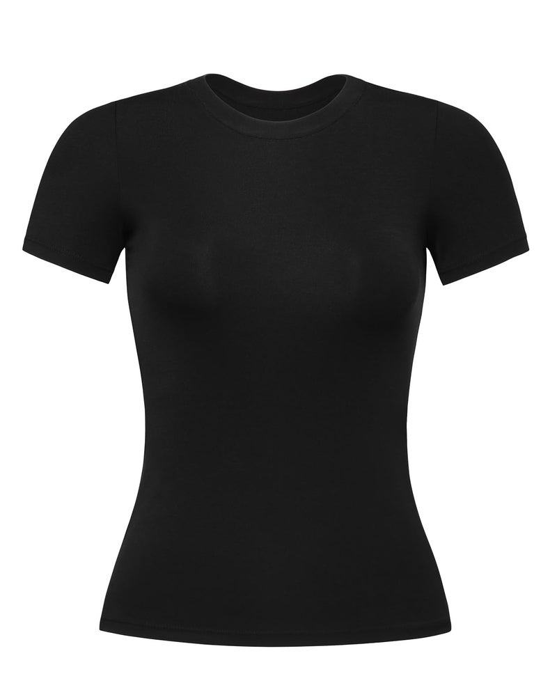 AUROLA Everyday Fitted T-Shirt for Women,Crew Neck Basic Short Sleeves T ShirtCrop Tops Modal Slim Fit Tee (Black,L) - Image 1