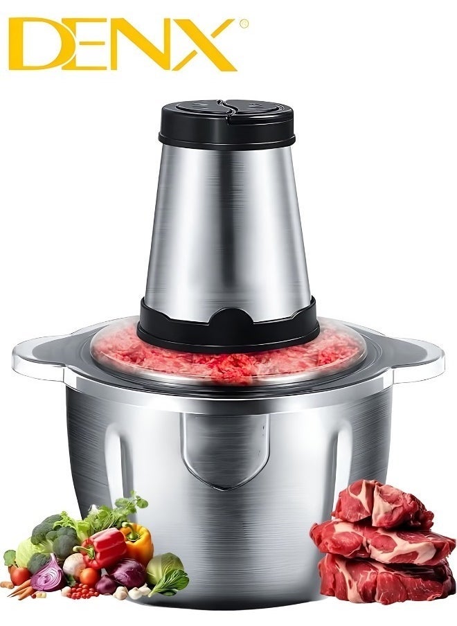 Denx Electric Meat Grinder, Food Processor Blender With 2L Stainless Steel Bowls, Vegetable And Fruit Chopper For Dicing, Mincing, Silver - Image 1
