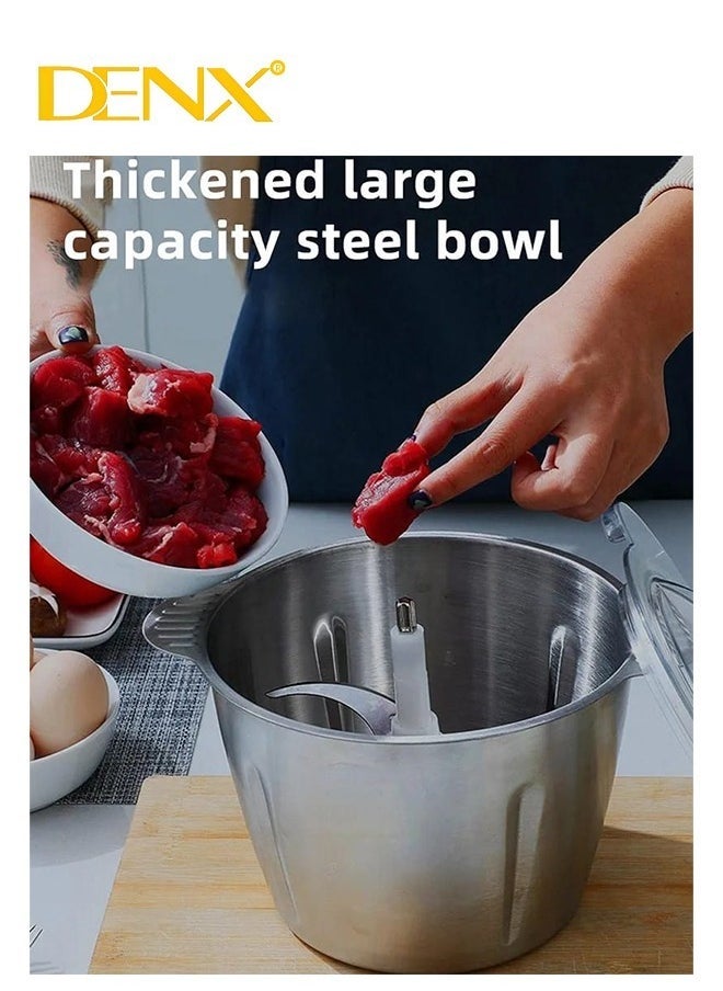 Denx Electric Meat Grinder, Food Processor Blender With 2L Stainless Steel Bowls, Vegetable And Fruit Chopper For Dicing, Mincing, Silver - Image 2