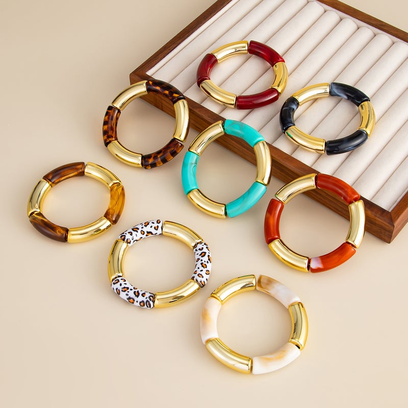SHIXIN Fashionable Leopard Print Resin Stretch Bracelet with Bamboo Knots - Creative Color-Block Design - Image 4