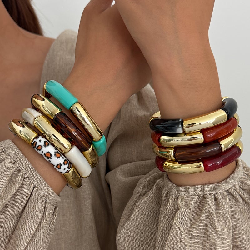 SHIXIN Fashionable Leopard Print Resin Stretch Bracelet with Bamboo Knots - Creative Color-Block Design - Image 1