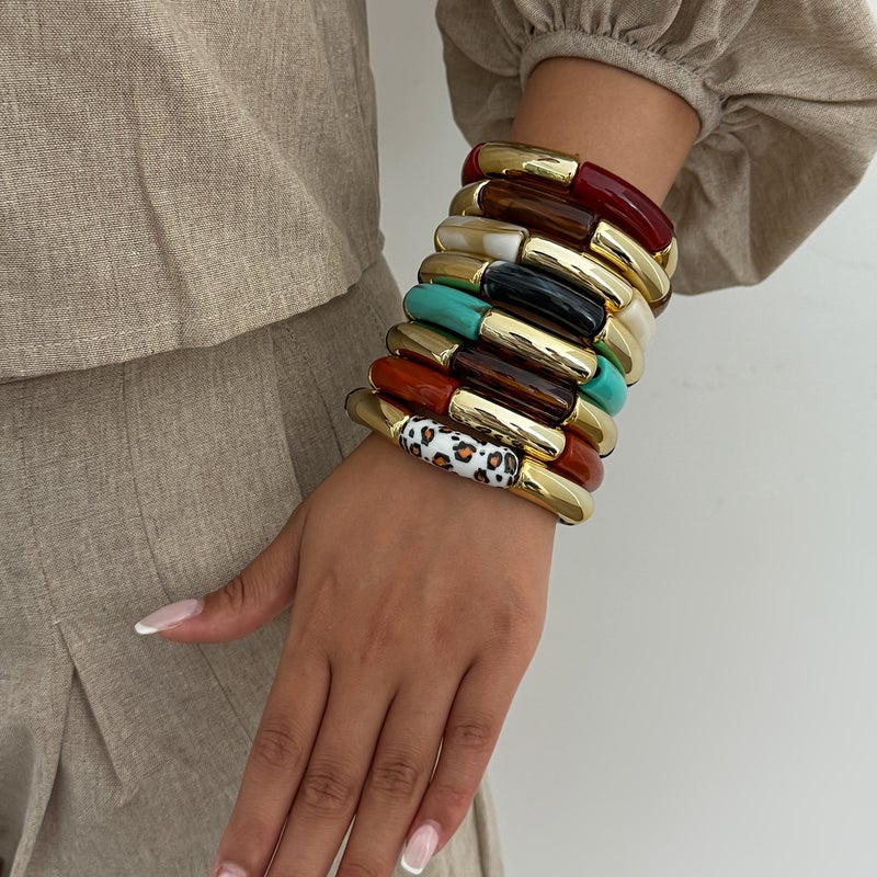SHIXIN Fashionable Leopard Print Resin Stretch Bracelet with Bamboo Knots - Creative Color-Block Design - Image 2