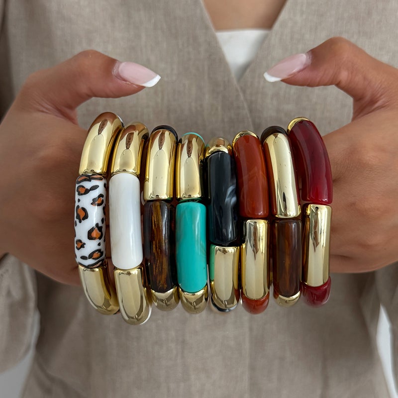 SHIXIN Fashionable Leopard Print Resin Stretch Bracelet with Bamboo Knots - Creative Color-Block Design - Image 3
