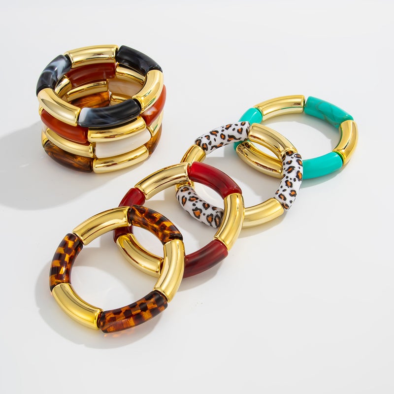 SHIXIN Fashionable Leopard Print Resin Stretch Bracelet with Bamboo Knots - Creative Color-Block Design - Image 5