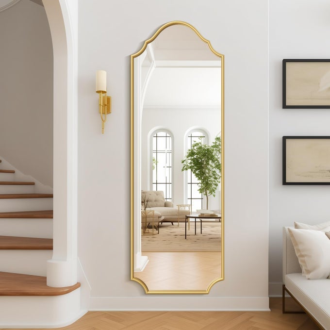 ARCHED FULL LENGTH MIRROR WALL MOUNTED 65X22 GOLD METAL FRAME FULL BODY MIRROR FOR BEDROOM LIVING ROOM HANGING OR LEANING AGAINST WALL FULL SIZE