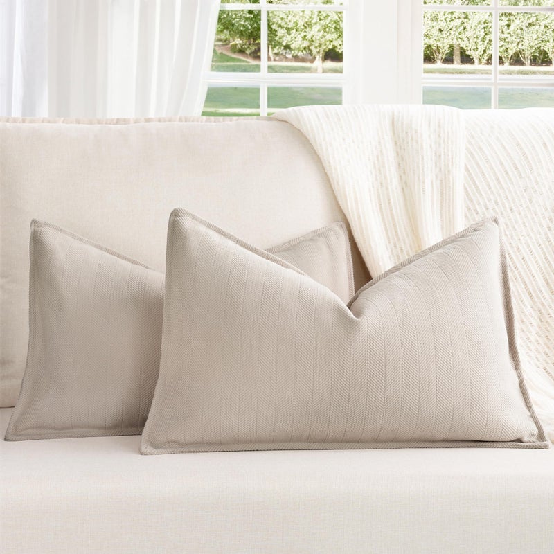 ZWJD Beige Lumbar Pillow Covers 12x20 Set of 2 Chenille Throw Pillow Covers with Elegant Design Soft and Luxurious Decorative Throw Pillows for Couch, Bed, and Home Decor - Image 1