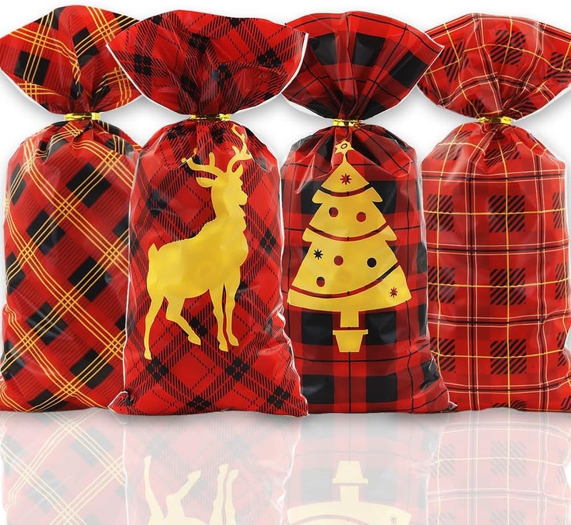 Winterworm Christmas Red Plaid Gift Bags with Twist Ties100 PCS Christmas Cellophane Treat Bags Red Black Plaid Elk Christmas Tree Kids Goodie Candy Bags Xmas Party Favor Bag for Cookie Chocolate Snack Packing - Image 1