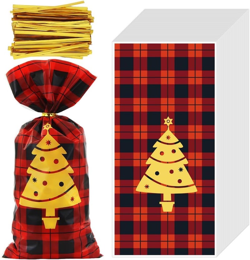 Winterworm Christmas Red Plaid Gift Bags with Twist Ties100 PCS Christmas Cellophane Treat Bags Red Black Plaid Elk Christmas Tree Kids Goodie Candy Bags Xmas Party Favor Bag for Cookie Chocolate Snack Packing - Image 2