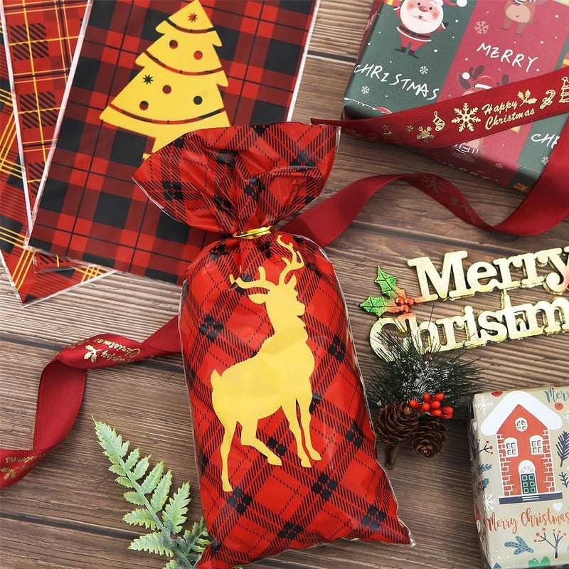 Winterworm Christmas Red Plaid Gift Bags with Twist Ties100 PCS Christmas Cellophane Treat Bags Red Black Plaid Elk Christmas Tree Kids Goodie Candy Bags Xmas Party Favor Bag for Cookie Chocolate Snack Packing - Image 5