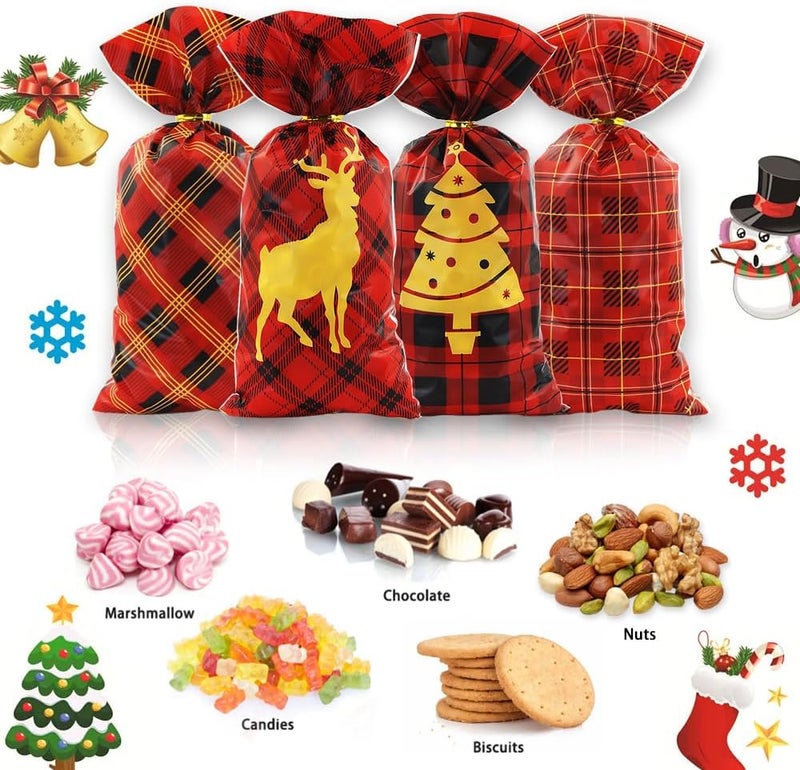 Winterworm Christmas Red Plaid Gift Bags with Twist Ties100 PCS Christmas Cellophane Treat Bags Red Black Plaid Elk Christmas Tree Kids Goodie Candy Bags Xmas Party Favor Bag for Cookie Chocolate Snack Packing - Image 4