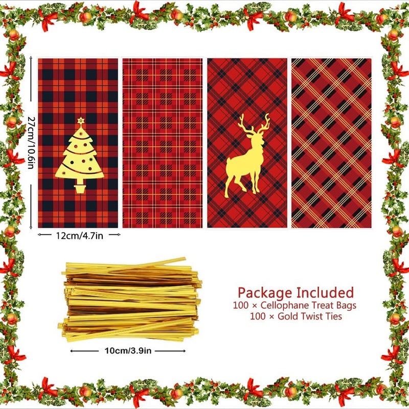 Winterworm Christmas Red Plaid Gift Bags with Twist Ties100 PCS Christmas Cellophane Treat Bags Red Black Plaid Elk Christmas Tree Kids Goodie Candy Bags Xmas Party Favor Bag for Cookie Chocolate Snack Packing - Image 3