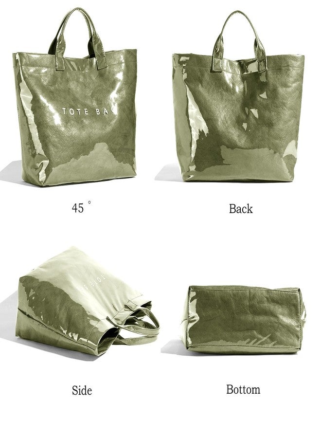 RUNSOON PVC Trendy Tote Bag for Women, Kraft Paper the Letter Print Tote Bag Large Work Tote Handbag Clear Plastic Bag Kelly Bag with Top Handle, Green - Image 4