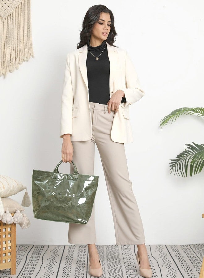 RUNSOON PVC Trendy Tote Bag for Women, Kraft Paper the Letter Print Tote Bag Large Work Tote Handbag Clear Plastic Bag Kelly Bag with Top Handle, Green - Image 2