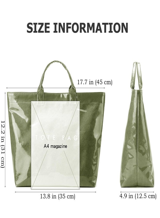 RUNSOON PVC Trendy Tote Bag for Women, Kraft Paper the Letter Print Tote Bag Large Work Tote Handbag Clear Plastic Bag Kelly Bag with Top Handle, Green - Image 5