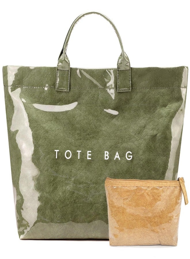RUNSOON PVC Trendy Tote Bag for Women, Kraft Paper the Letter Print Tote Bag Large Work Tote Handbag Clear Plastic Bag Kelly Bag with Top Handle, Green - Image 1