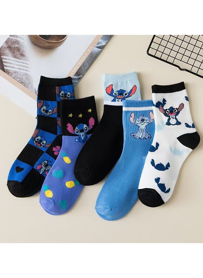 STITCH 5 pairs of Stitch mid-calf socks for women, socks for women, cute cartoon anime mid-calf socks  - Image 1