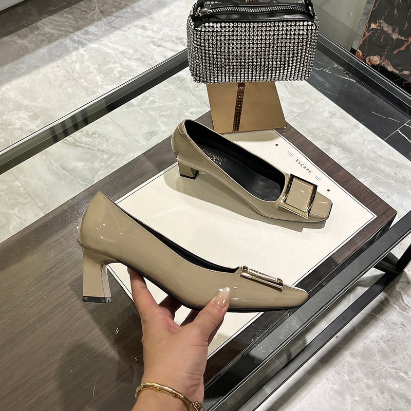 Classic Patent Leather Square-Toe Mid-Heel Pumps for Women - French Style Work  Shoes