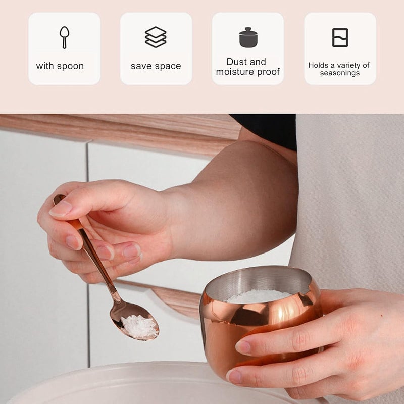 3Pcs Seasoning Jar Set with Lid and Spoon, Stainless Steel Seasoning Storage Container Spice Rack Organizer Condiment Holder for Salt Sugar Spice Pepper(Rose Gold) - Image 2